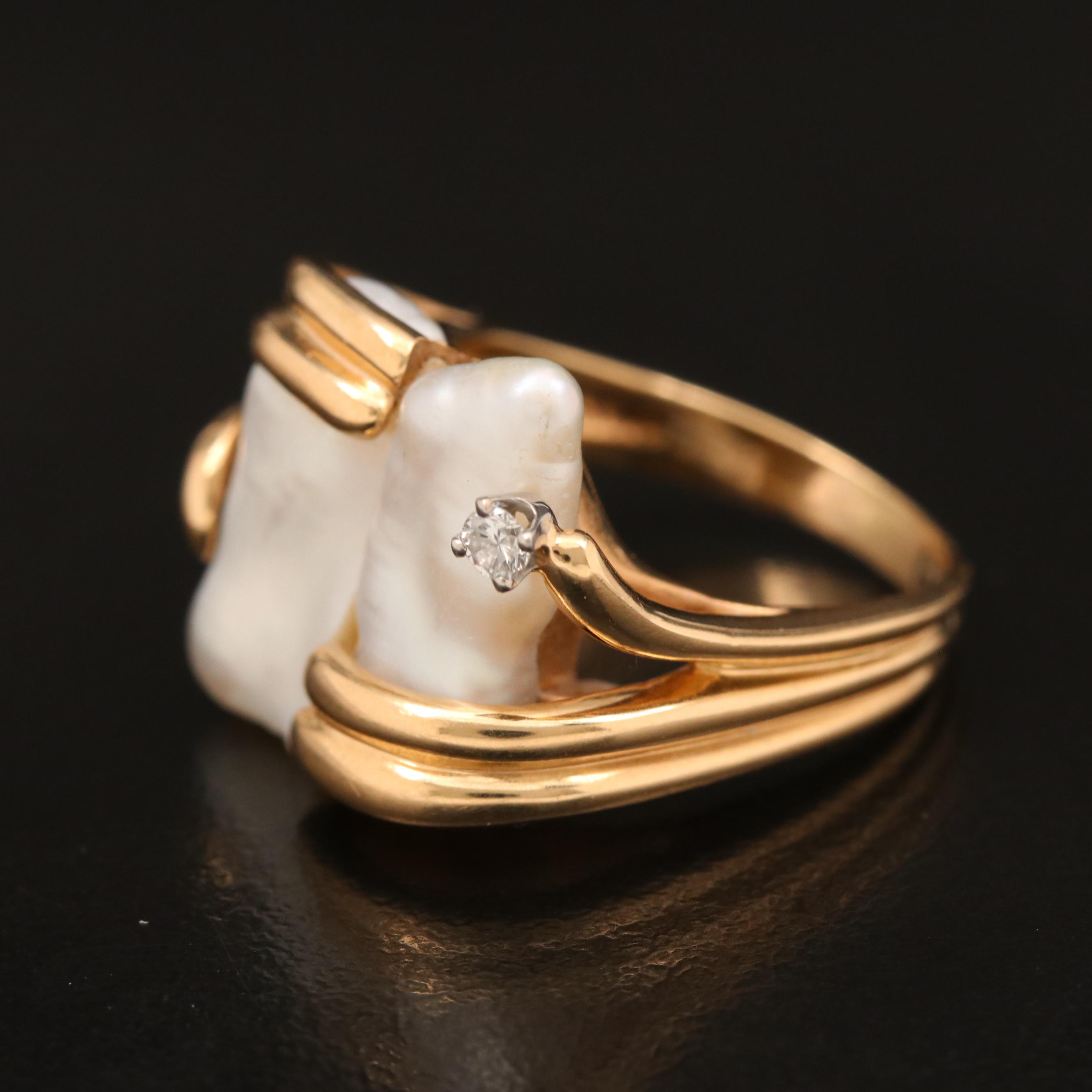 14K Baroque Pearl and Diamond Ring with Palladium Settings