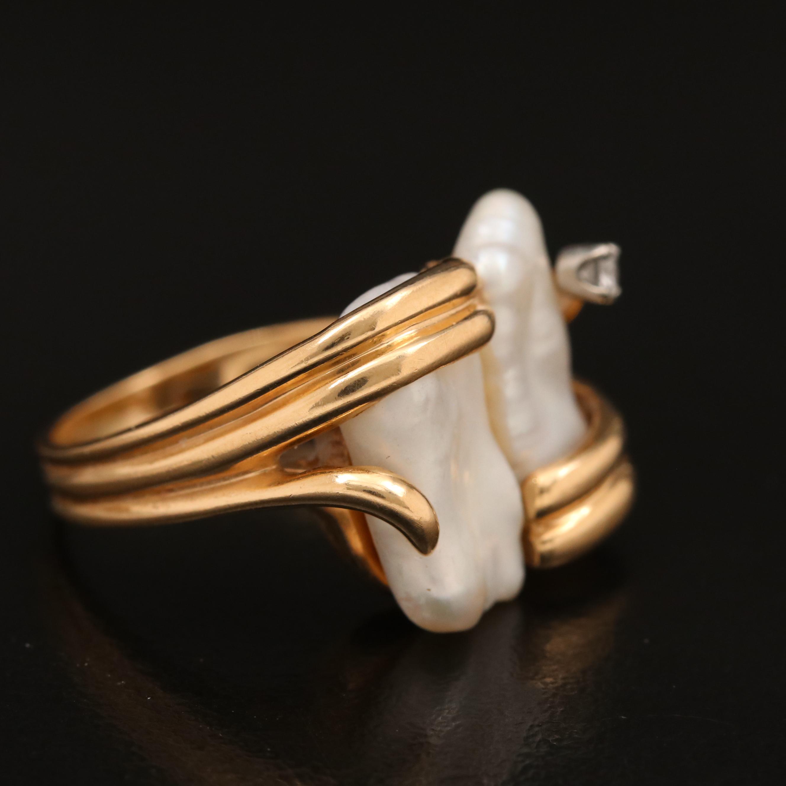 14K Baroque Pearl and Diamond Ring with Palladium Settings