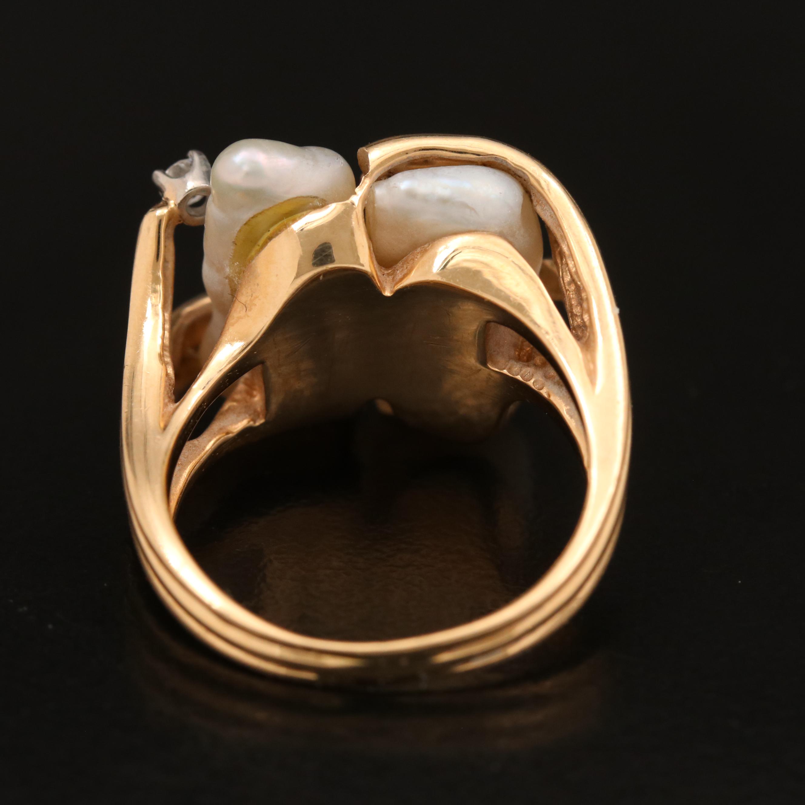 14K Baroque Pearl and Diamond Ring with Palladium Settings