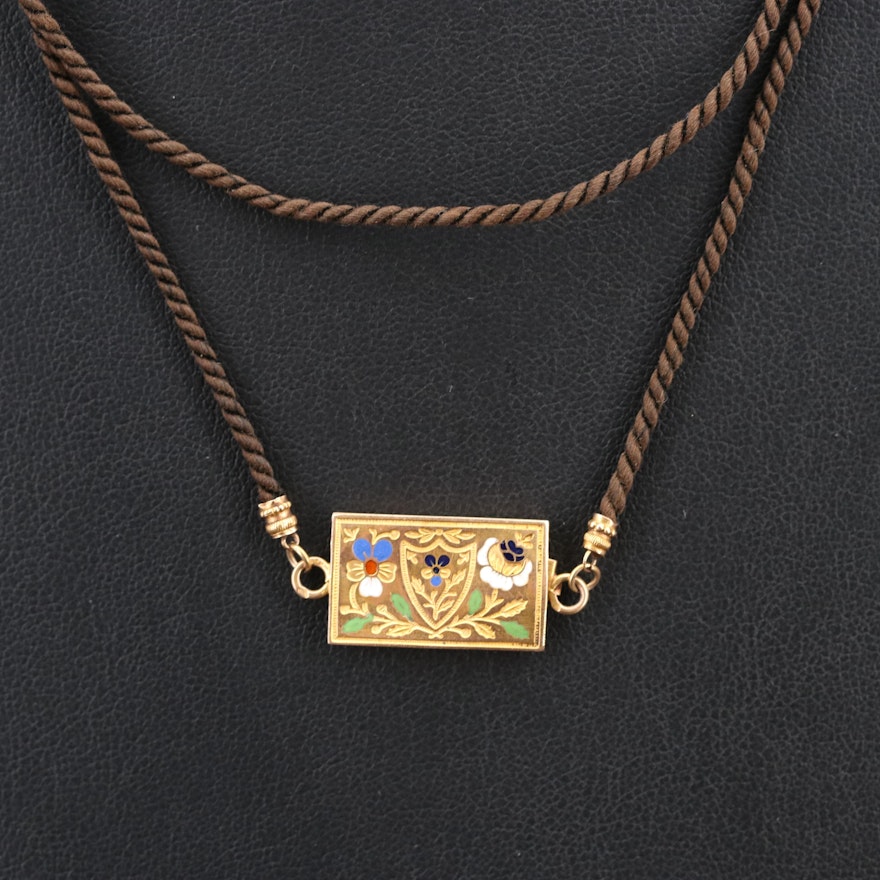 14K Champlevé Enamel Pendant on Braided Hair Necklace