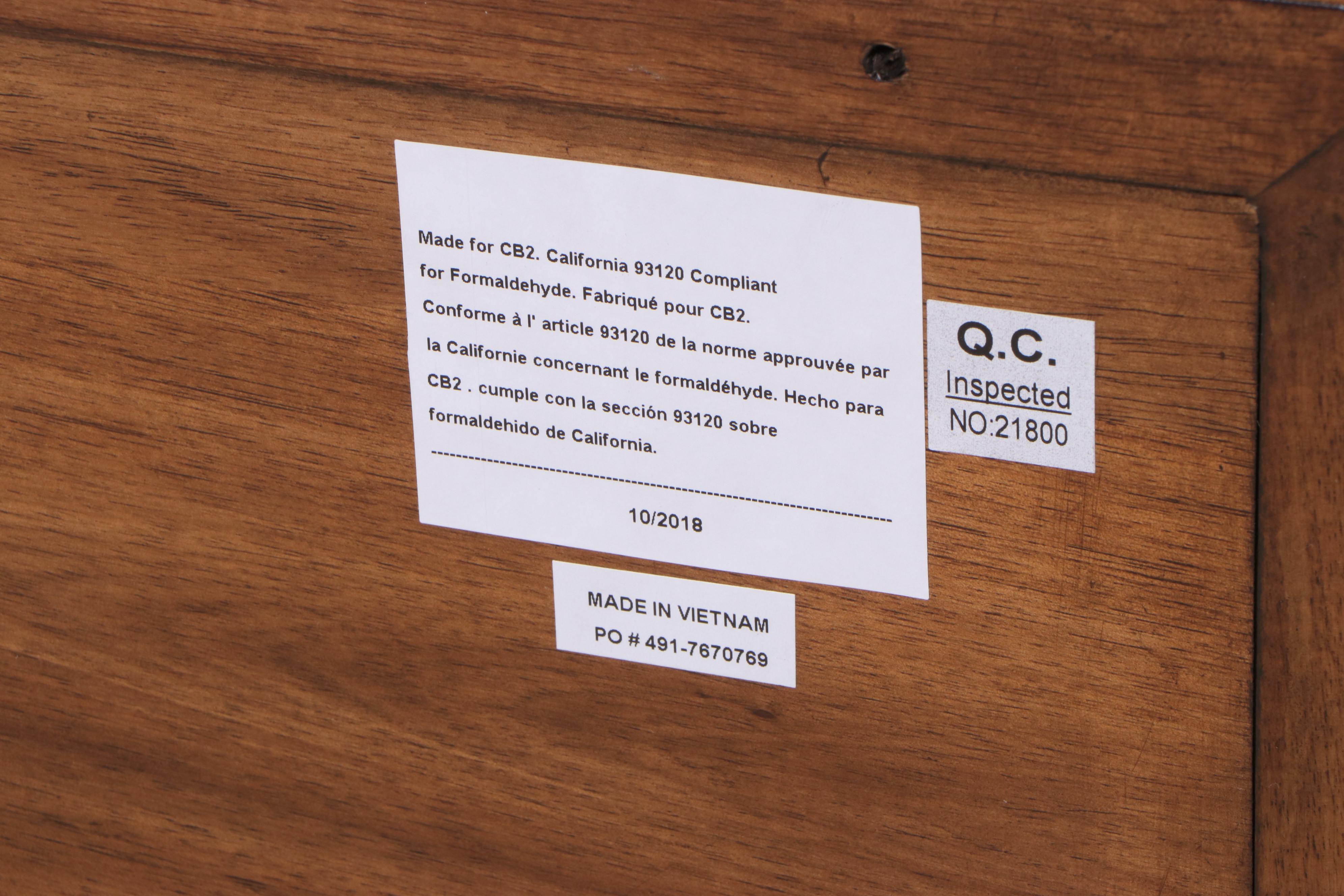 CB2 "Oberlin" Acacia Wood Low Dresser with Faux Leather Covered Drawers