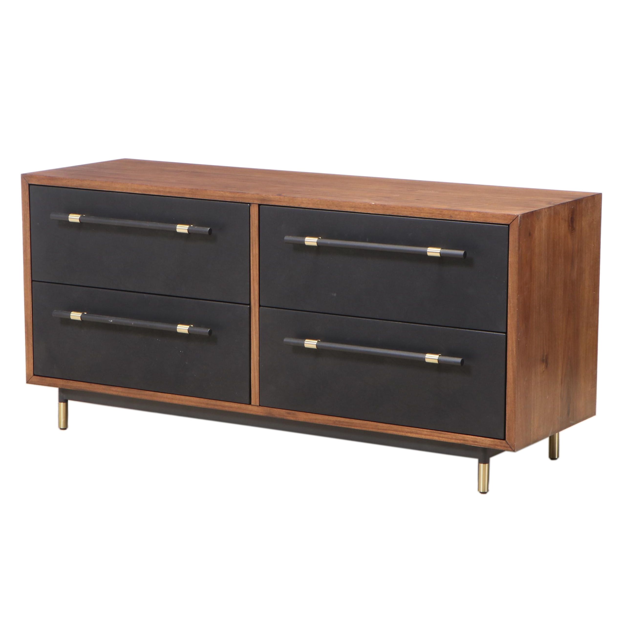 CB2 "Oberlin" Acacia Wood Low Dresser with Faux Leather Covered Drawers