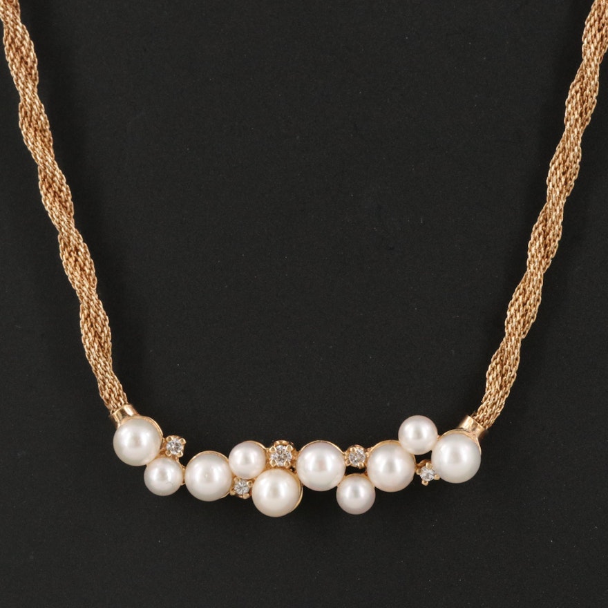 14K Gold Pearl and Diamond Necklace