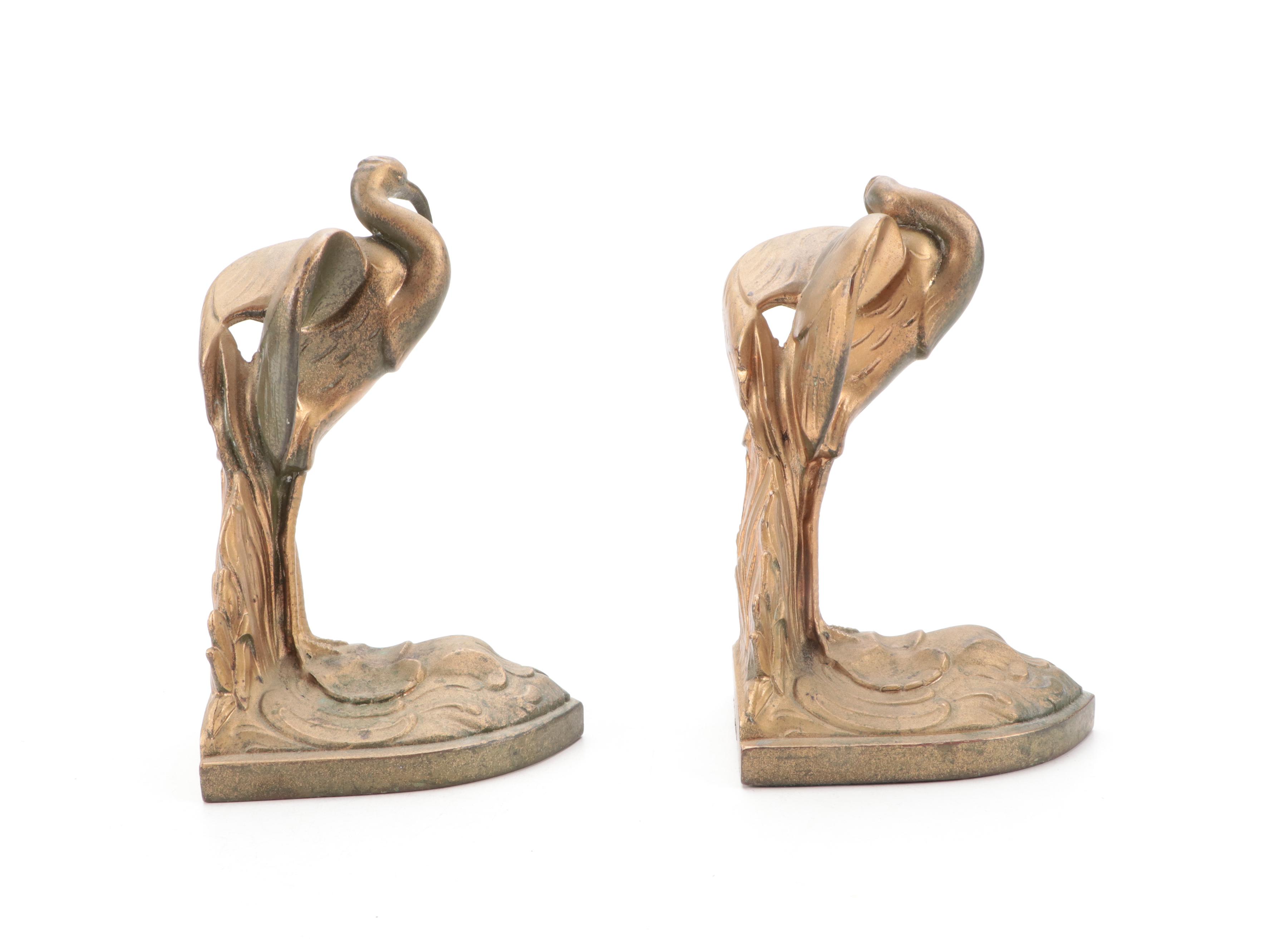 Jennings Brothers Gilt Metal Flamingo Bookends, Early to Mid-20th Century