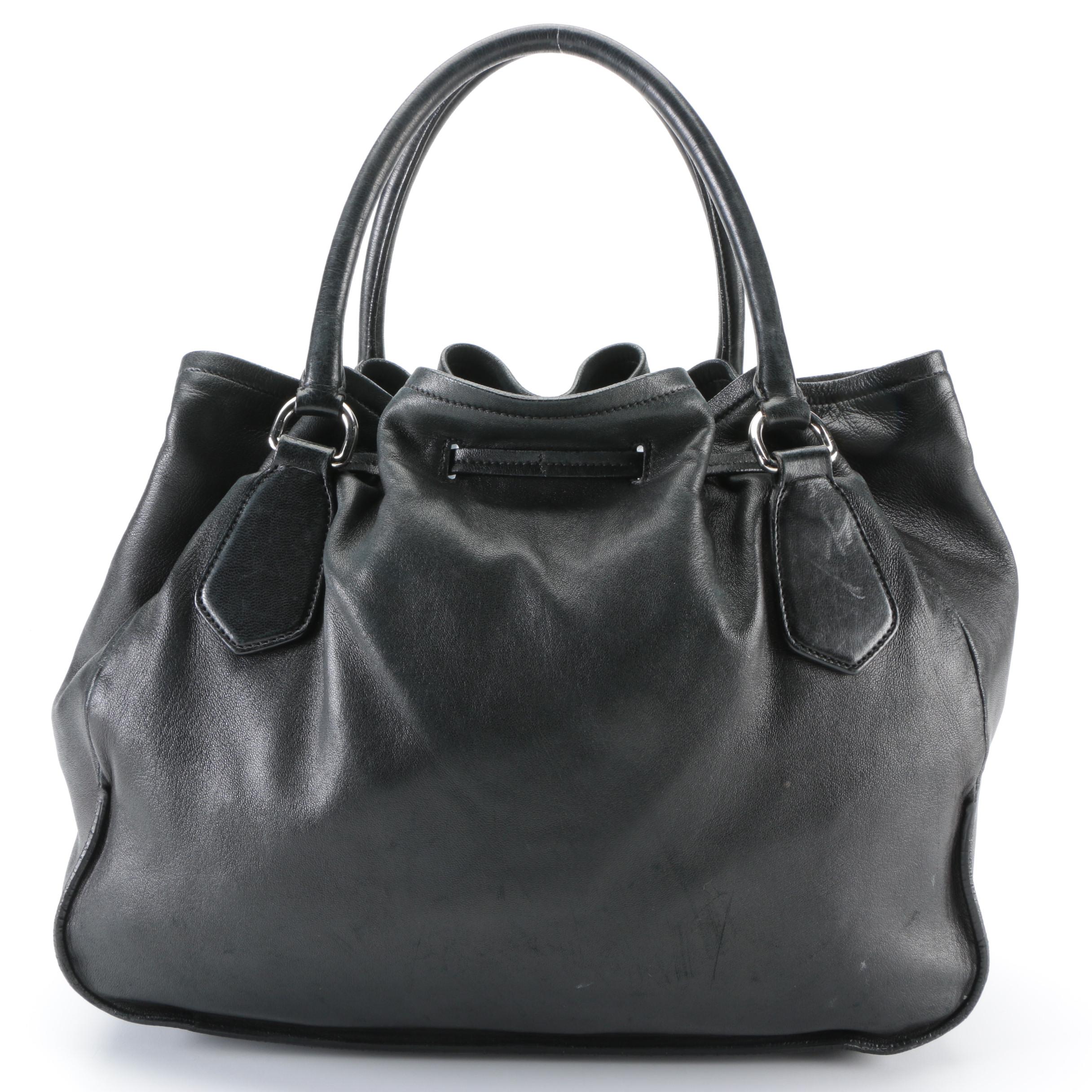 Prada Two-Way Drawstring Hobo Tote Bag in Black Naturale Leather