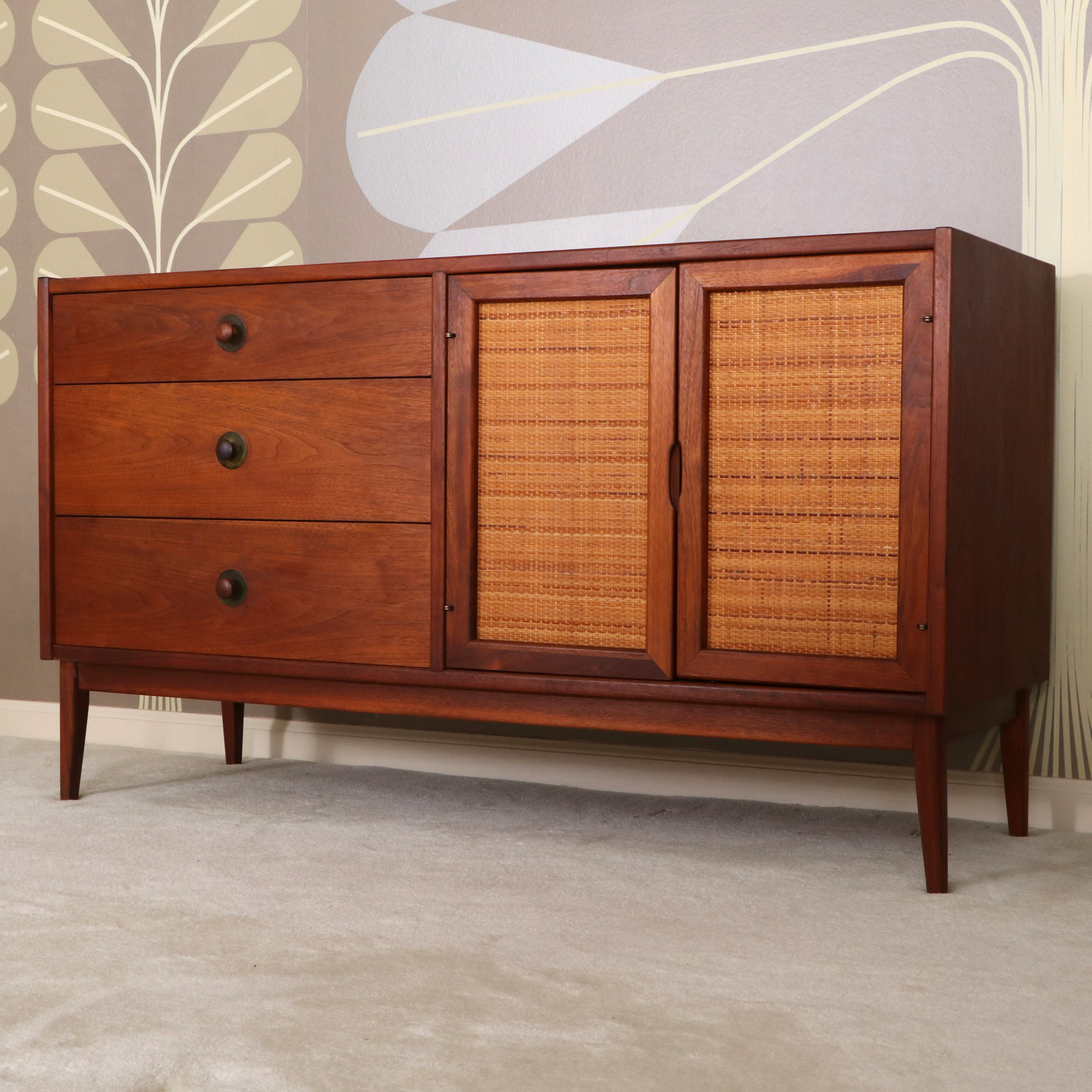 Founders Mid Century Modern Walnut and Cane Buffet