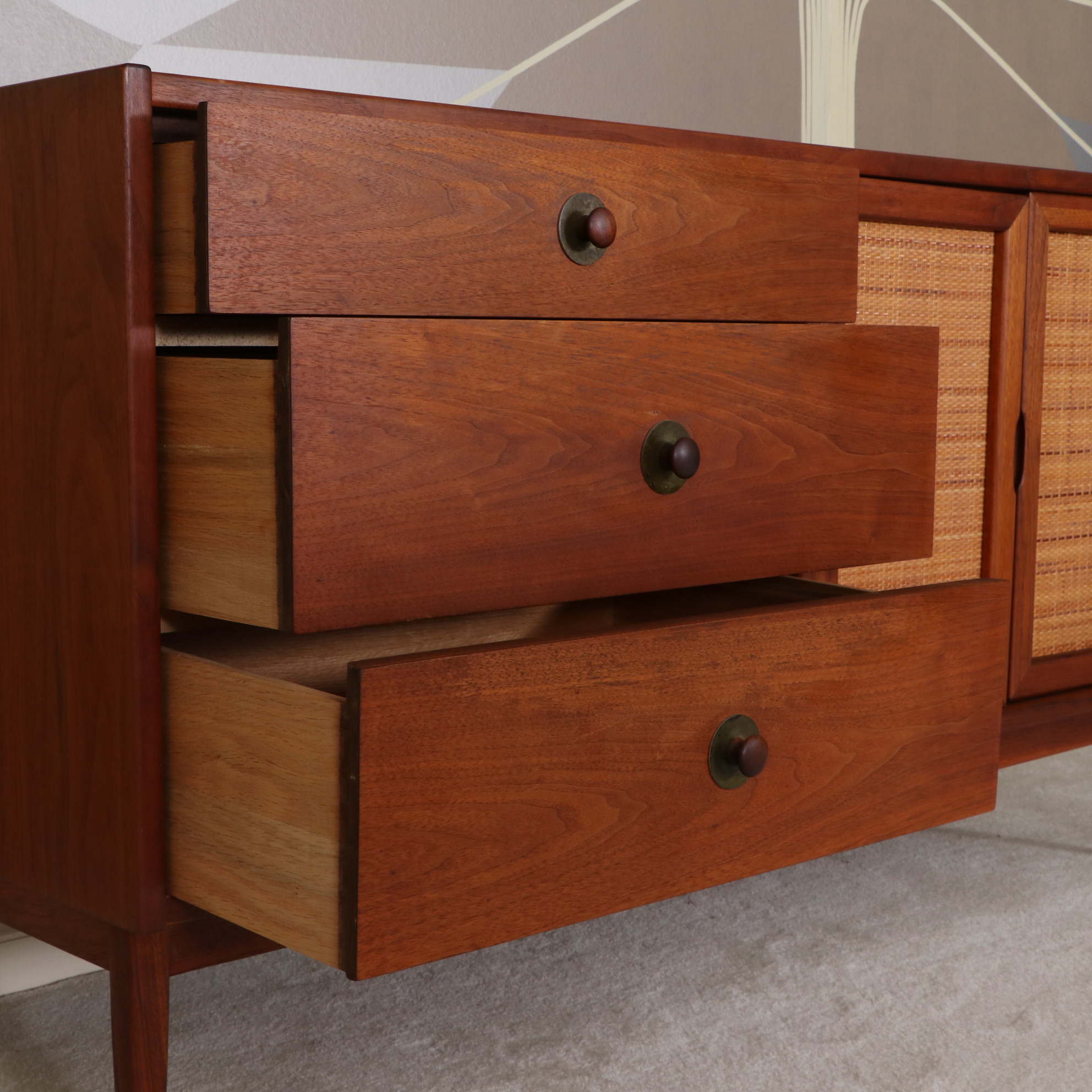 Founders Mid Century Modern Walnut and Cane Buffet