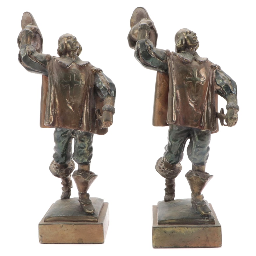 Paul Herzel Polychrome Bronze Clad Musketeer Bookends, Early to Mid 20th Century