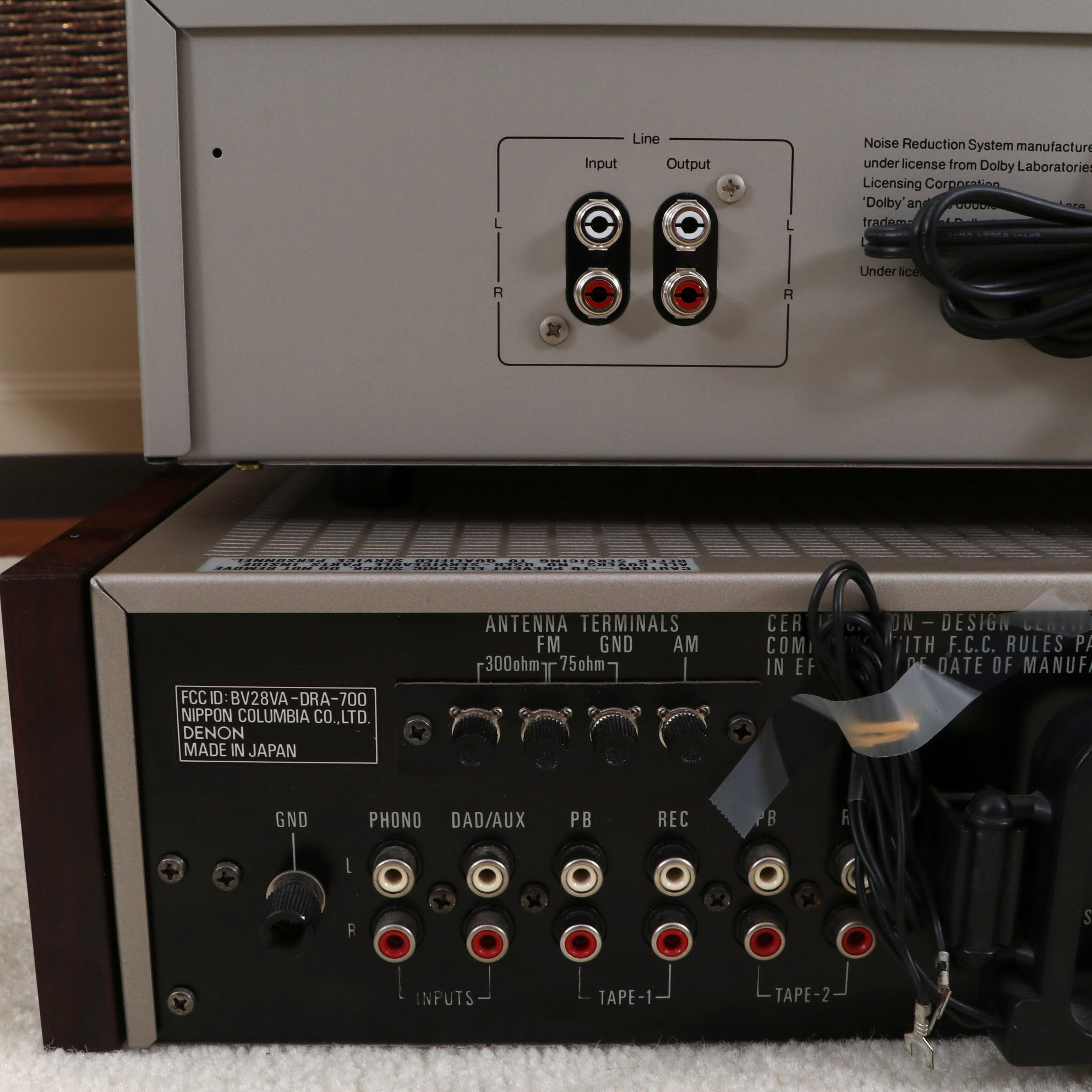 Denon DRA-700 Receiver, Nakamichi Cassette Deck, and Fisher XP7 Speakers