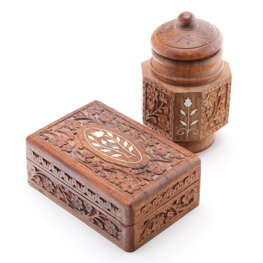 Indian Handcrafted Inlaid Wooden Boxes, Mid to Late 20th Century