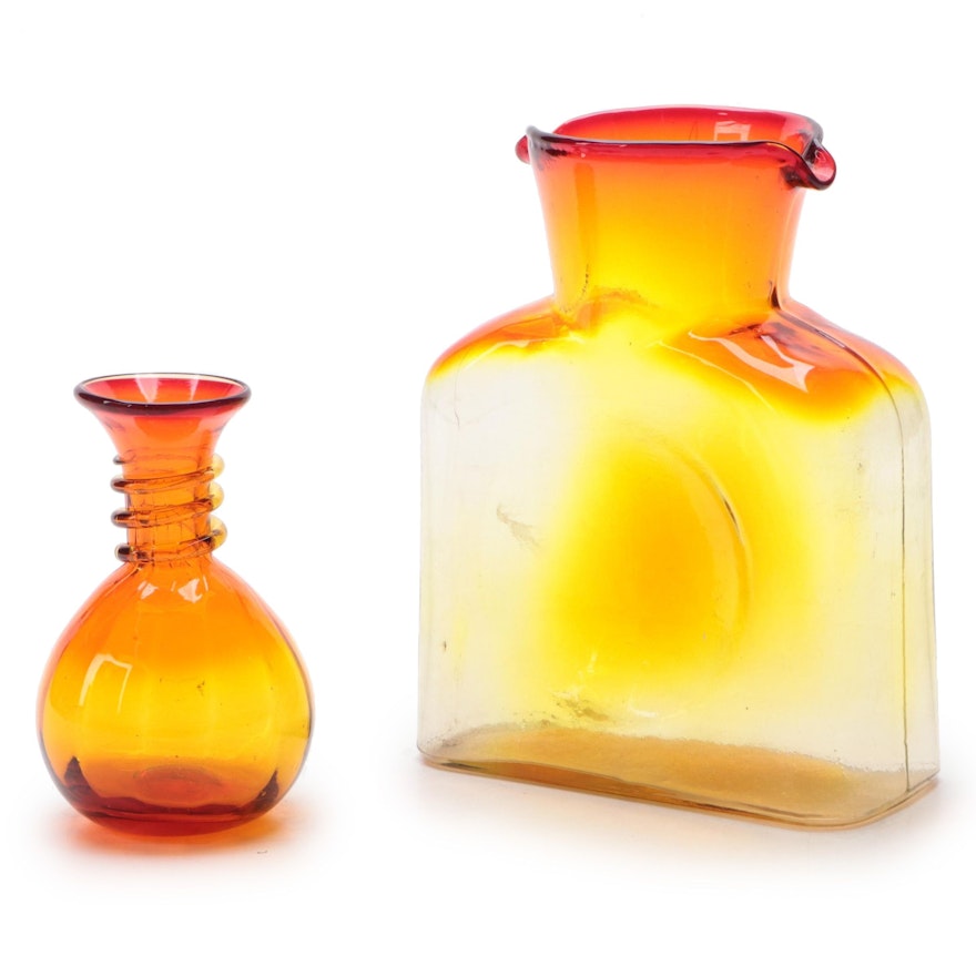 Blenko Blown Amberina Glass Water Bottle and Threaded Vase