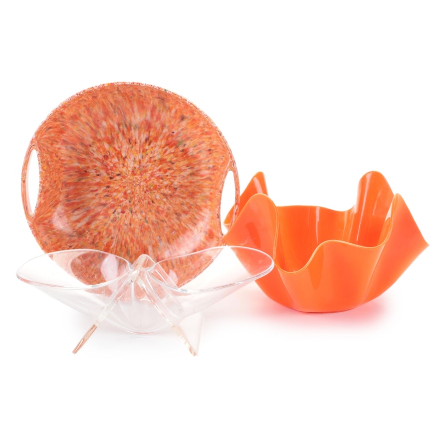 Orange Plastic Handkerchief Serving Bowl with Lucite and Melamine Serving Dishes