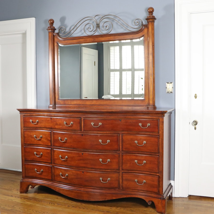 Thomasville Wrought Metal and Wood Serpentine Dresser with Mirror