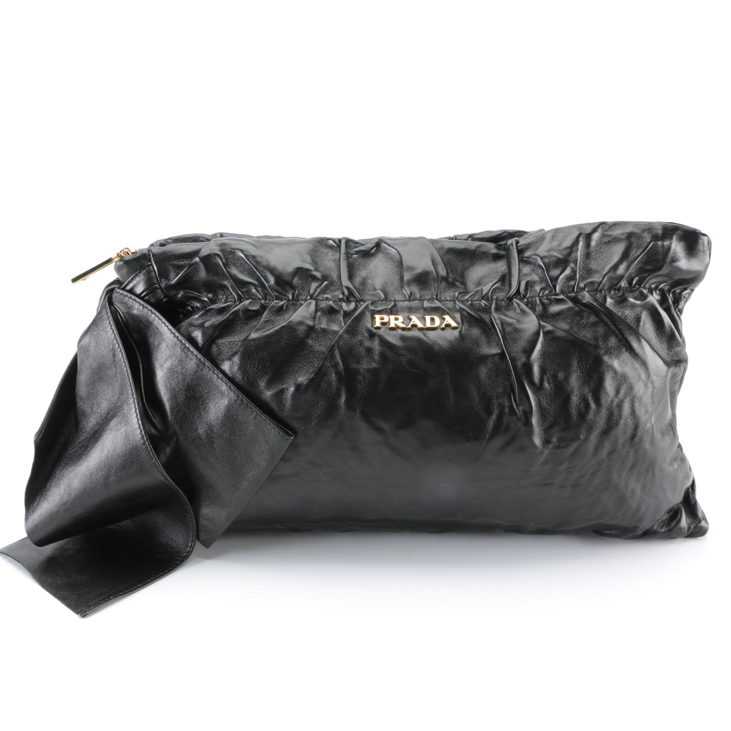 Prada Clutch in in Black Gathered Nappa Antique Leather with Bow Detail