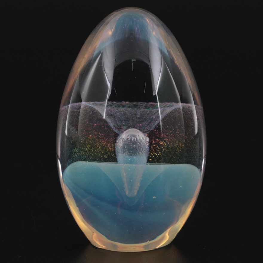 Robert Eickholt Handcrafted Dichroic Trapped Bubble Art Glass Paperweight, 1990