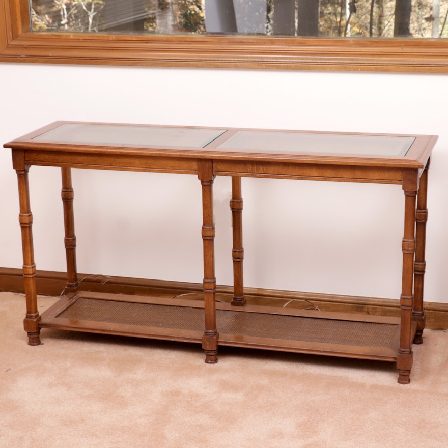 Beveled Glass Top and Caned Two-Tier Console Table