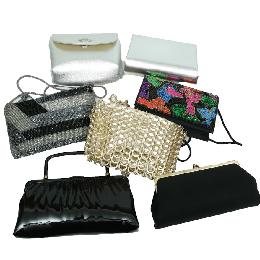 Metallic, Beaded, Patent Leather, Linked, and Textile Evening Bags and Clutches