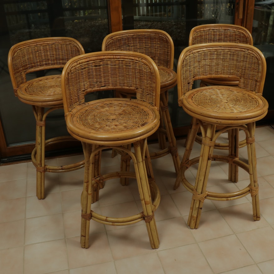 Five Wicker and Bamboo Bar Chairs, Mid to Late 20th Century