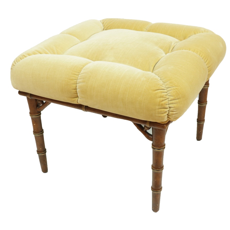 Bamboo-Turned Wood and Yellow-Tufted Cushion Top Footstool