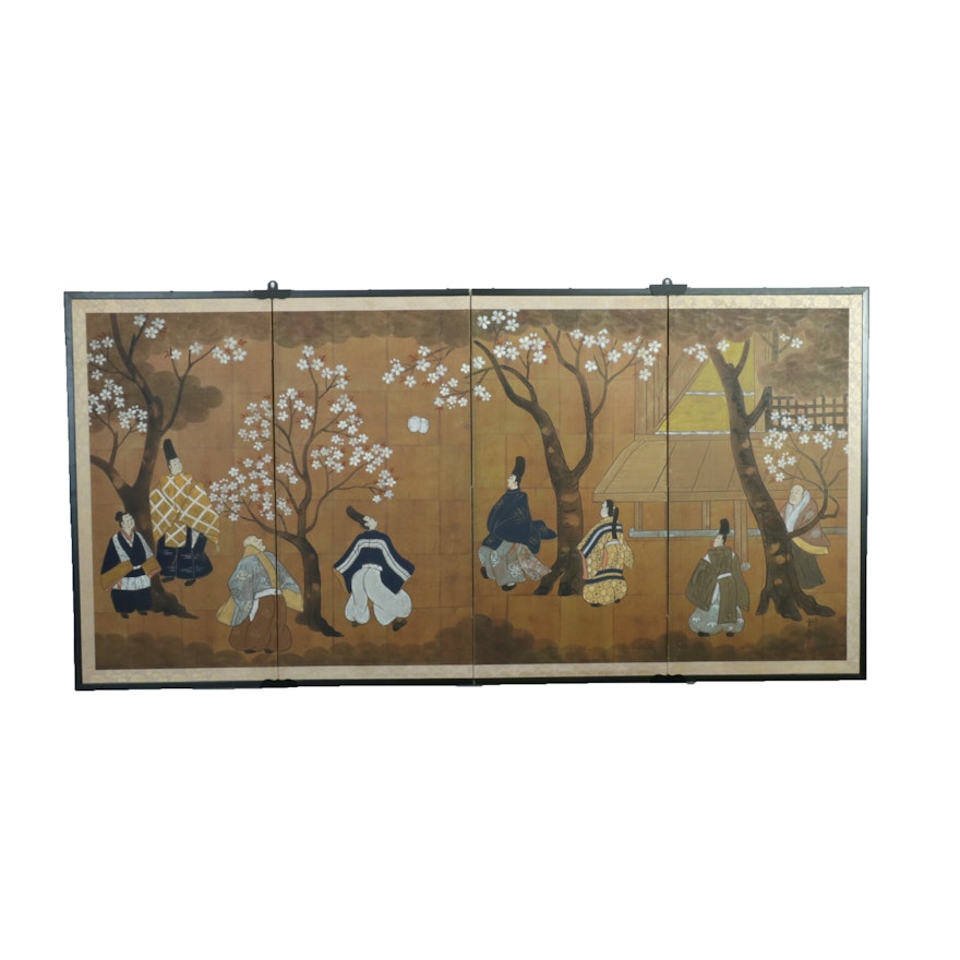 Japanese Hand-Painted Four-Paneled Screen