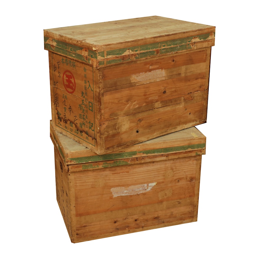 Japanese Tin-Lined Wood Chinese Tea Shipping Crates, 1940s-1950s