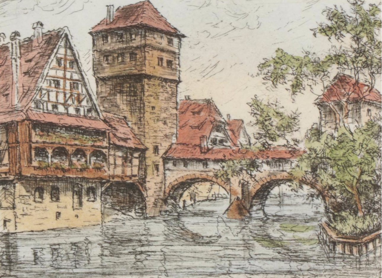 Friedrich Görlitz Hand-Colored Etchings "Nürnberg," Late 20th Century