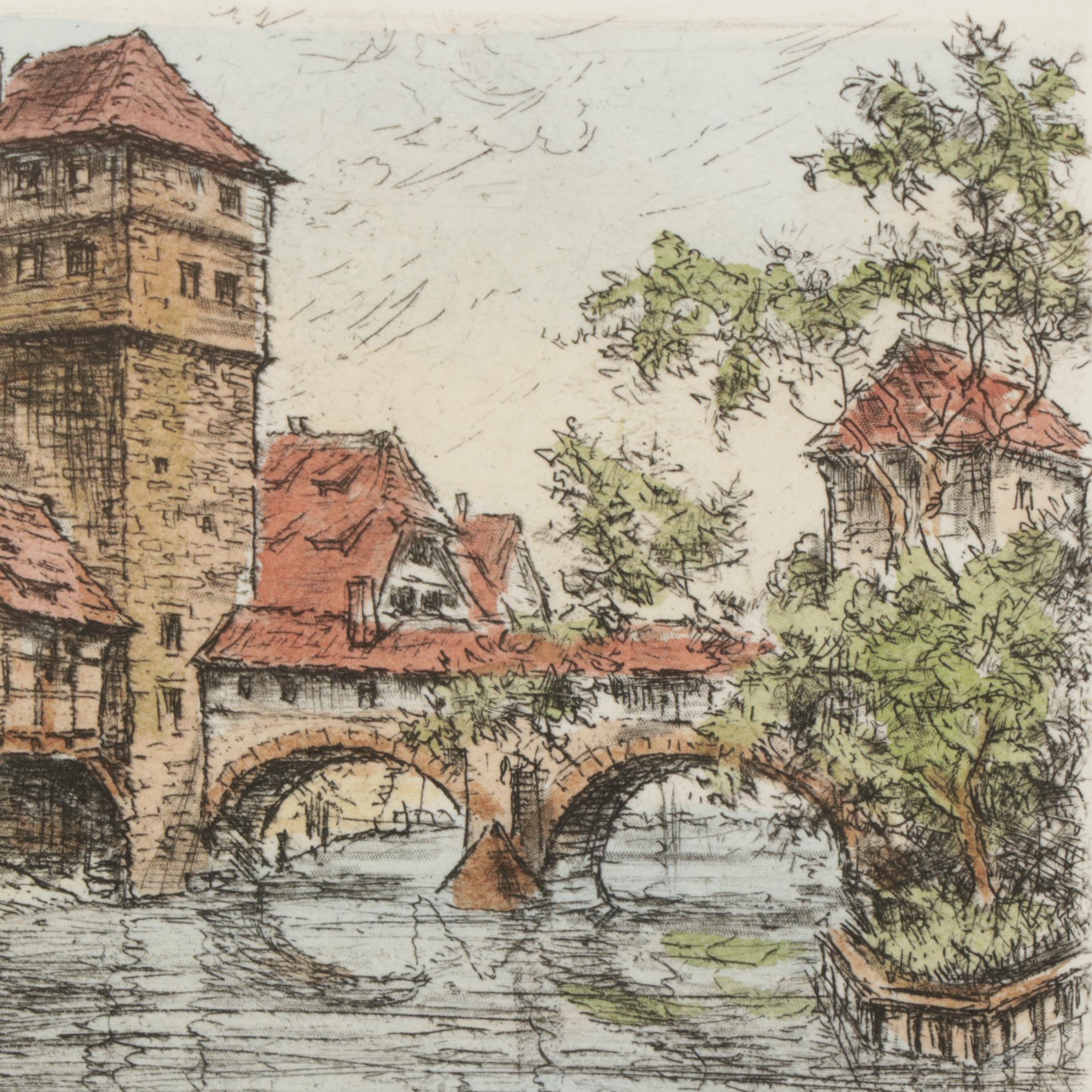 Friedrich Görlitz Hand-Colored Etchings "Nürnberg," Late 20th Century