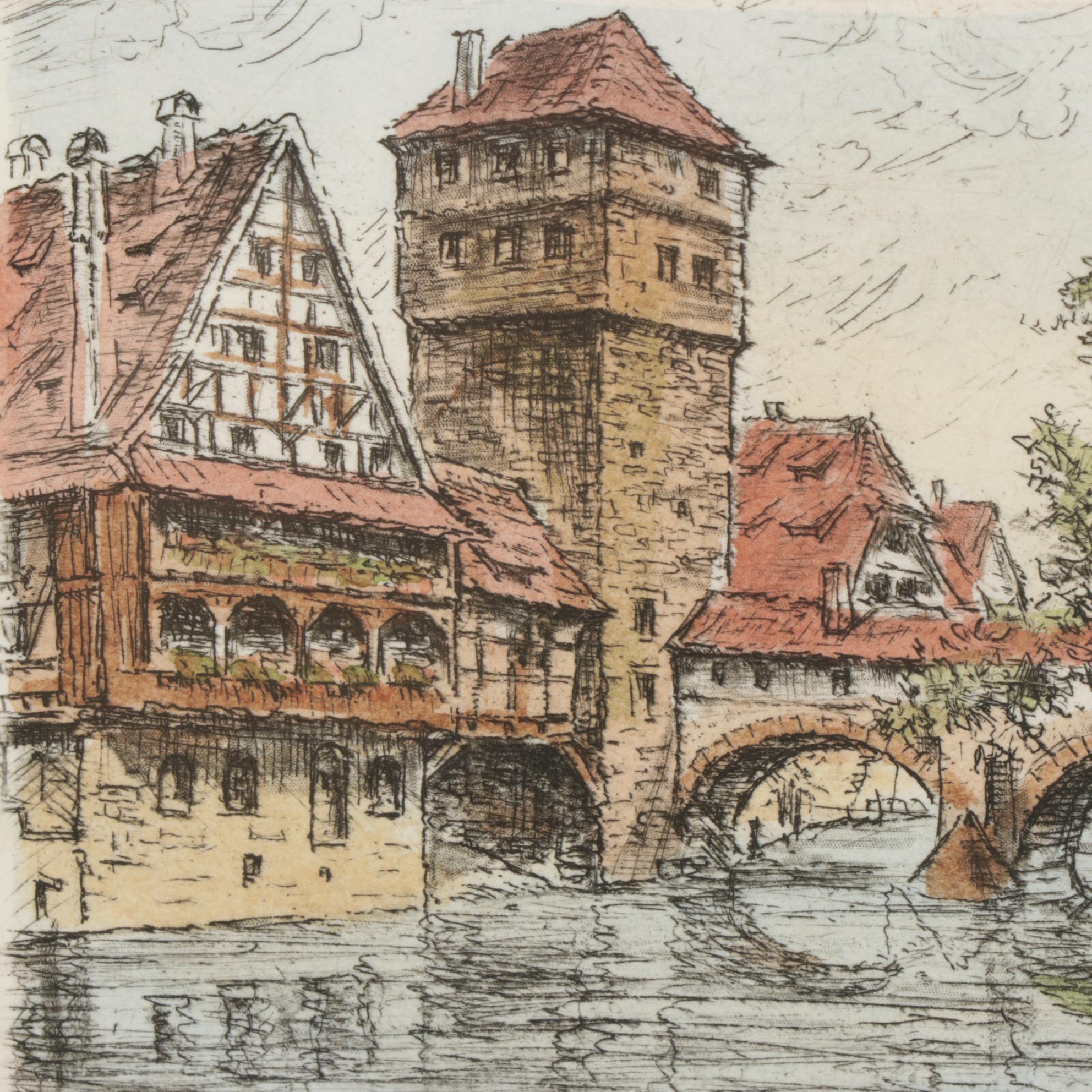 Friedrich Görlitz Hand-Colored Etchings "Nürnberg," Late 20th Century