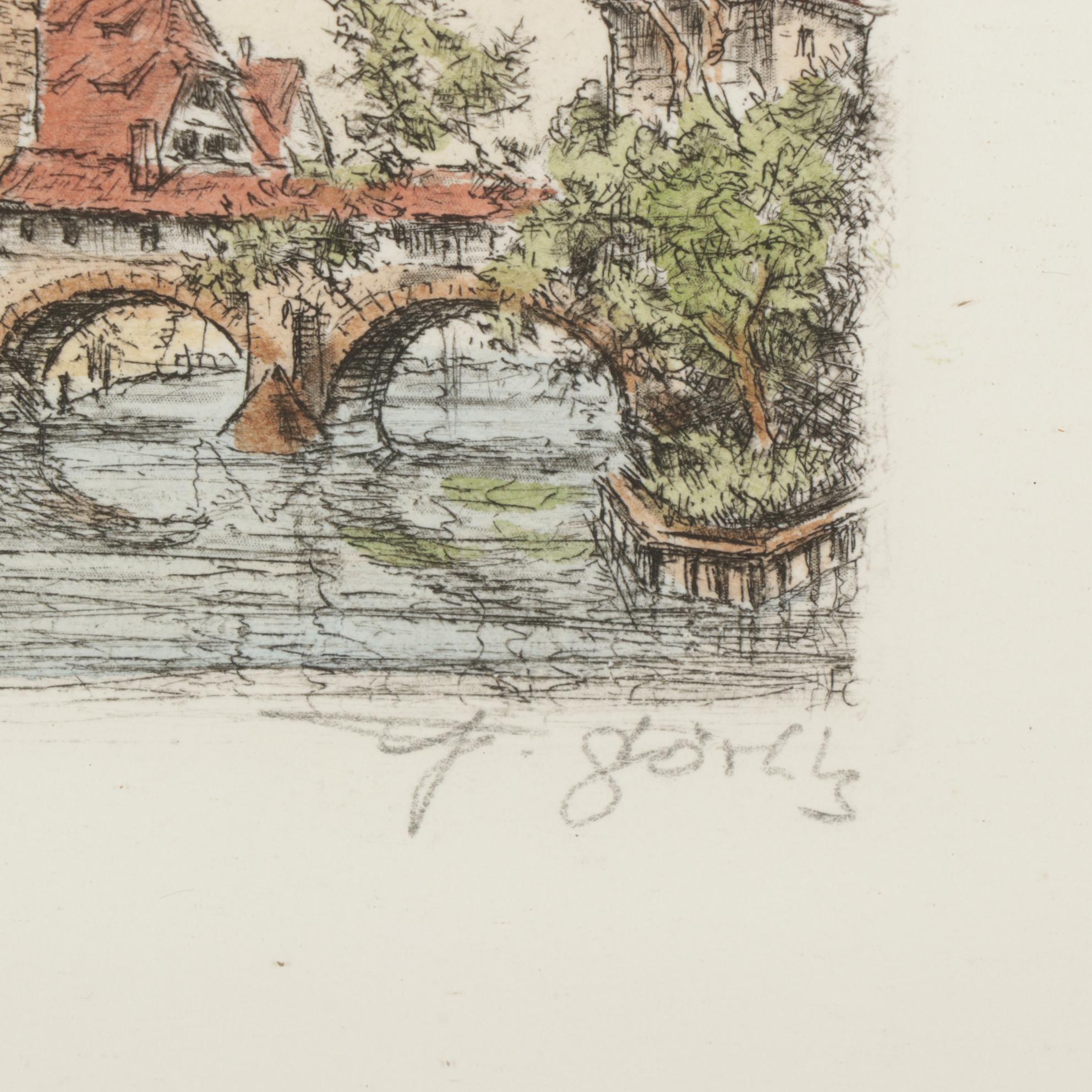 Friedrich Görlitz Hand-Colored Etchings "Nürnberg," Late 20th Century