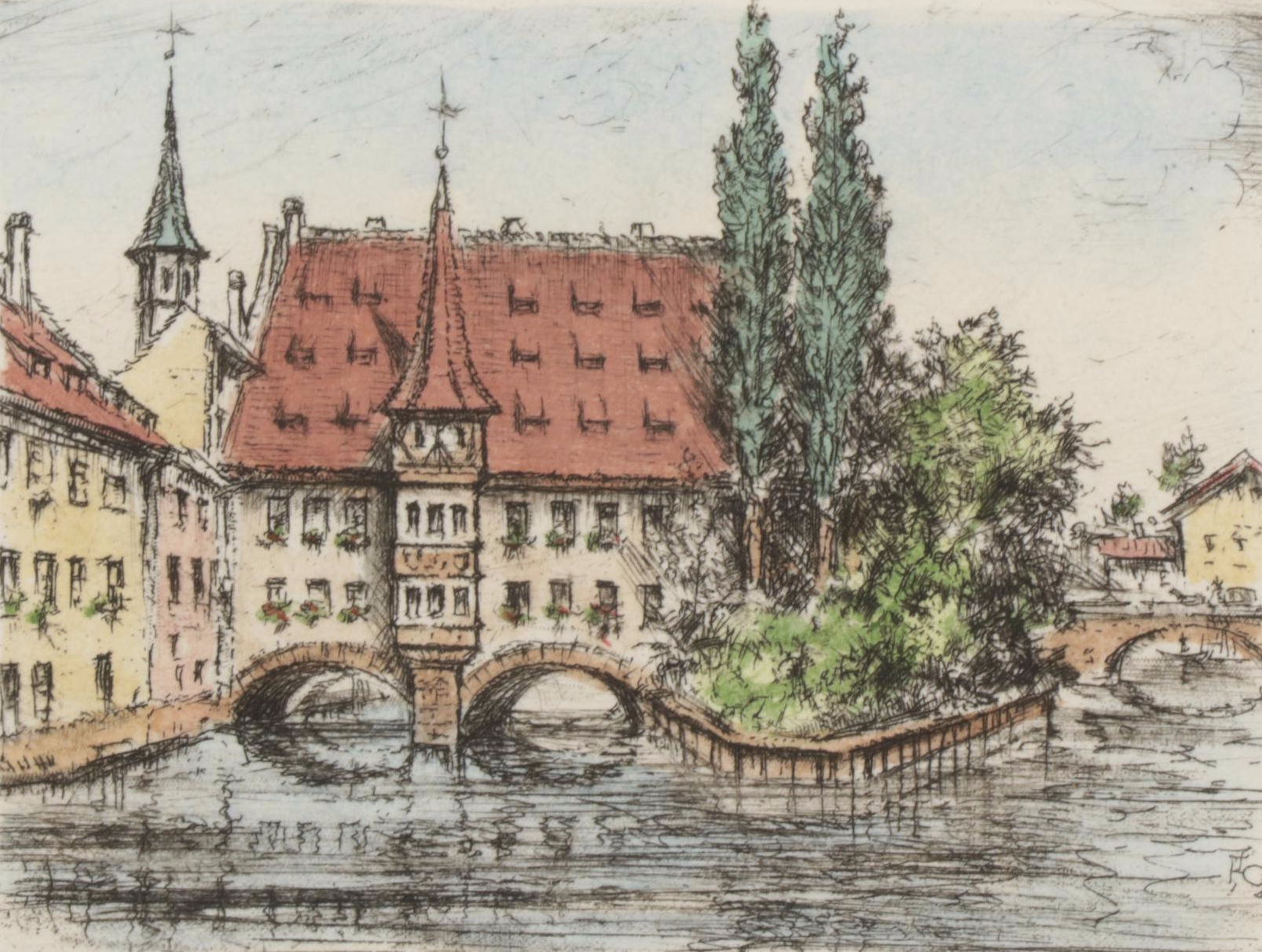 Friedrich Görlitz Hand-Colored Etchings "Nürnberg," Late 20th Century