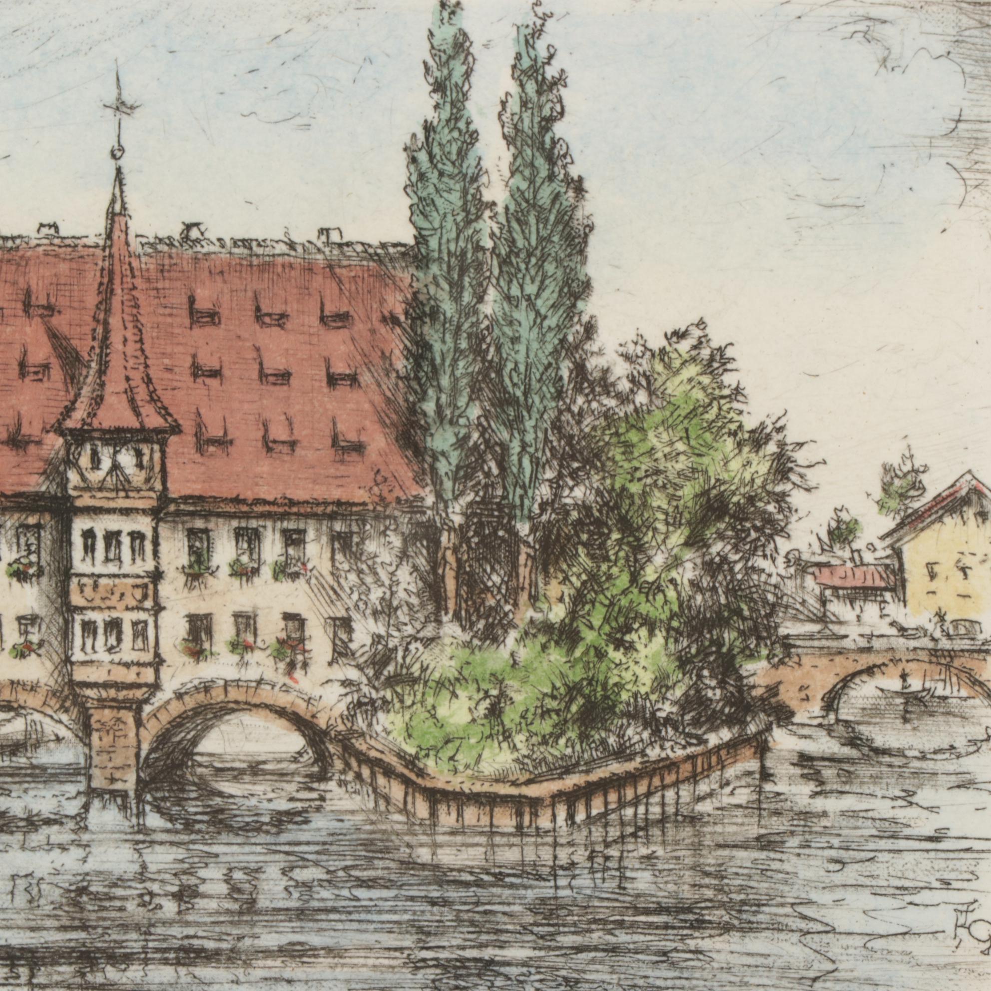 Friedrich Görlitz Hand-Colored Etchings "Nürnberg," Late 20th Century
