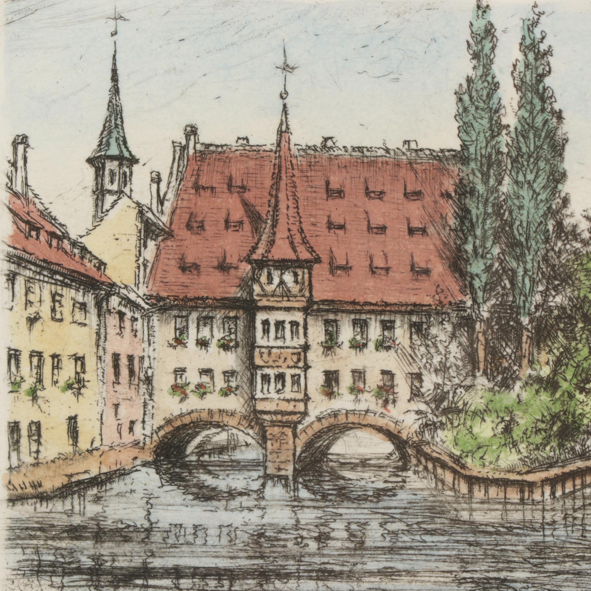 Friedrich Görlitz Hand-Colored Etchings "Nürnberg," Late 20th Century