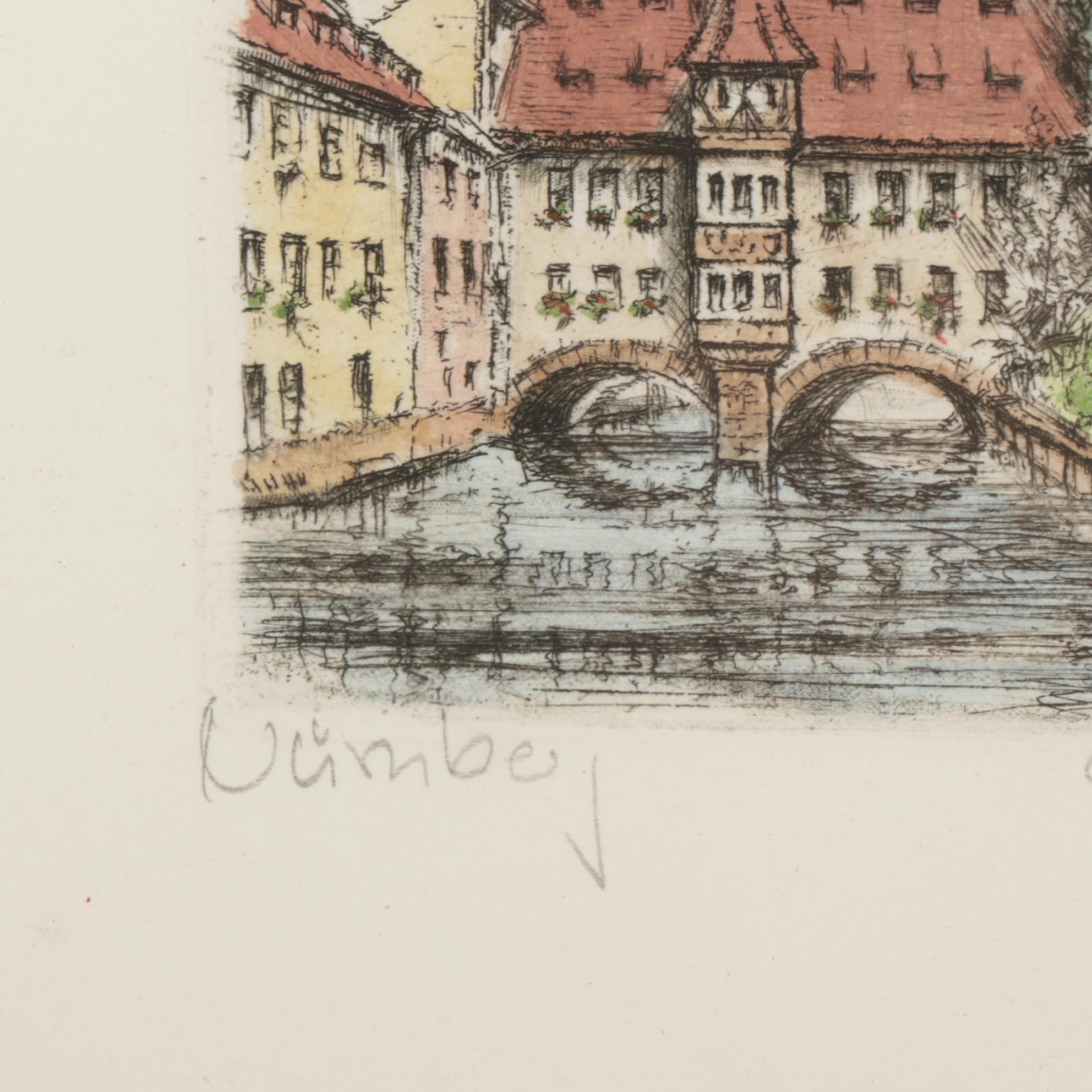 Friedrich Görlitz Hand-Colored Etchings "Nürnberg," Late 20th Century