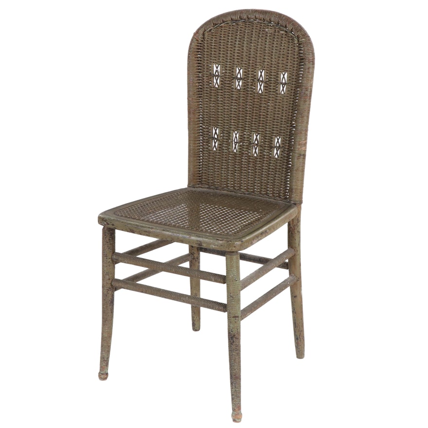 Antique Heywood Wakefield Wicker Side Chair with Caned Seat, Early 20th Century