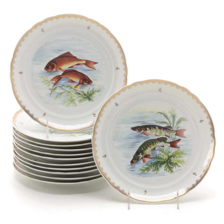 French Hand-Painted Porcelain Fish Plates, Early to Mid 20th Century