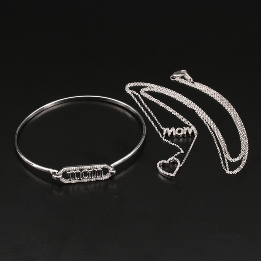 Sterling Diamond "Mom" Bangle with "Mom" and Heart Necklace