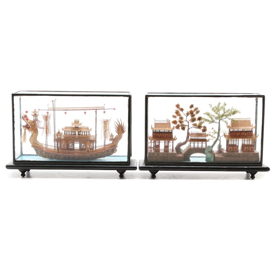 Chinese Cork and Bamboo House and Boat Form Cased Dioramas