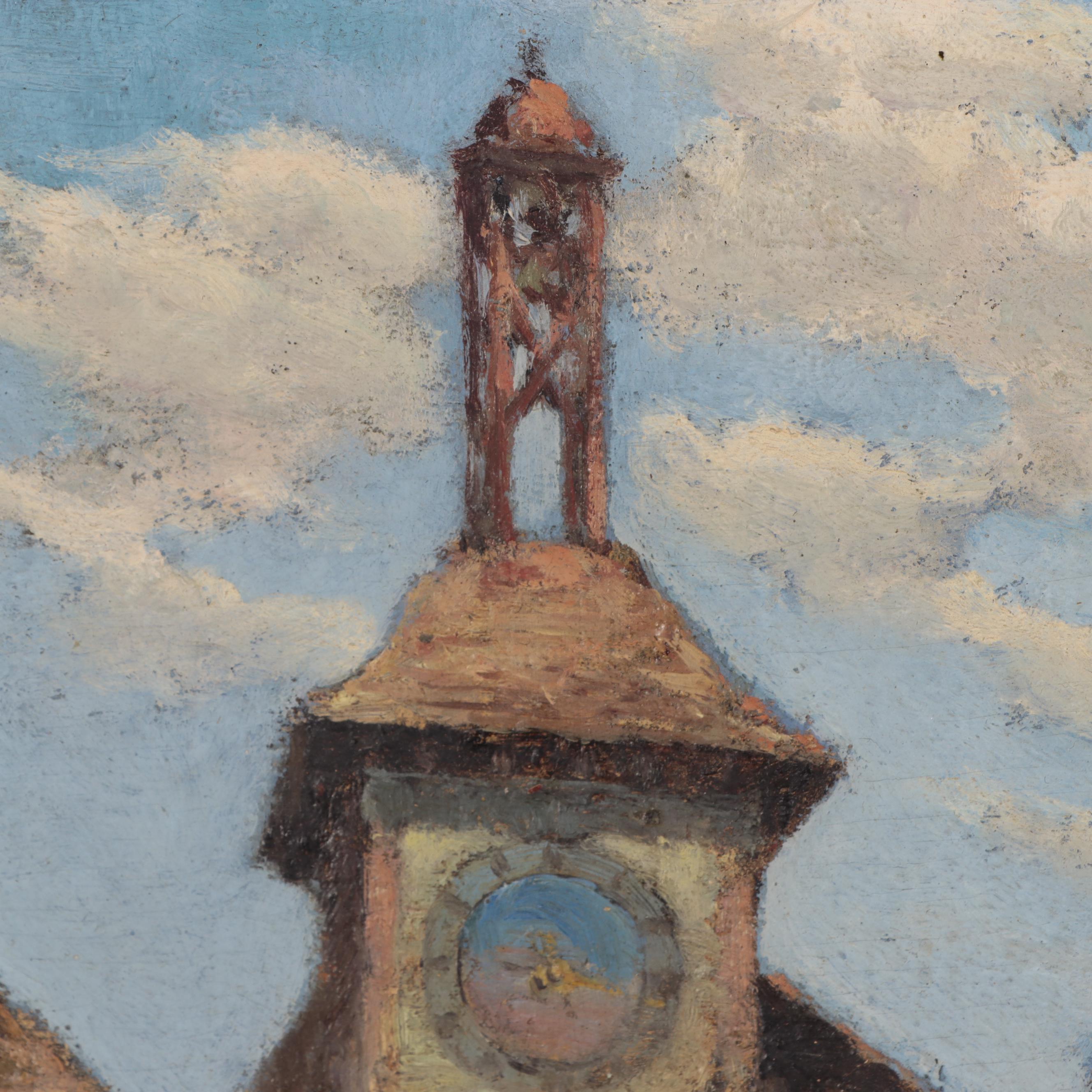 Oil Painting of a Bell Tower, Early to Mid-20th Century