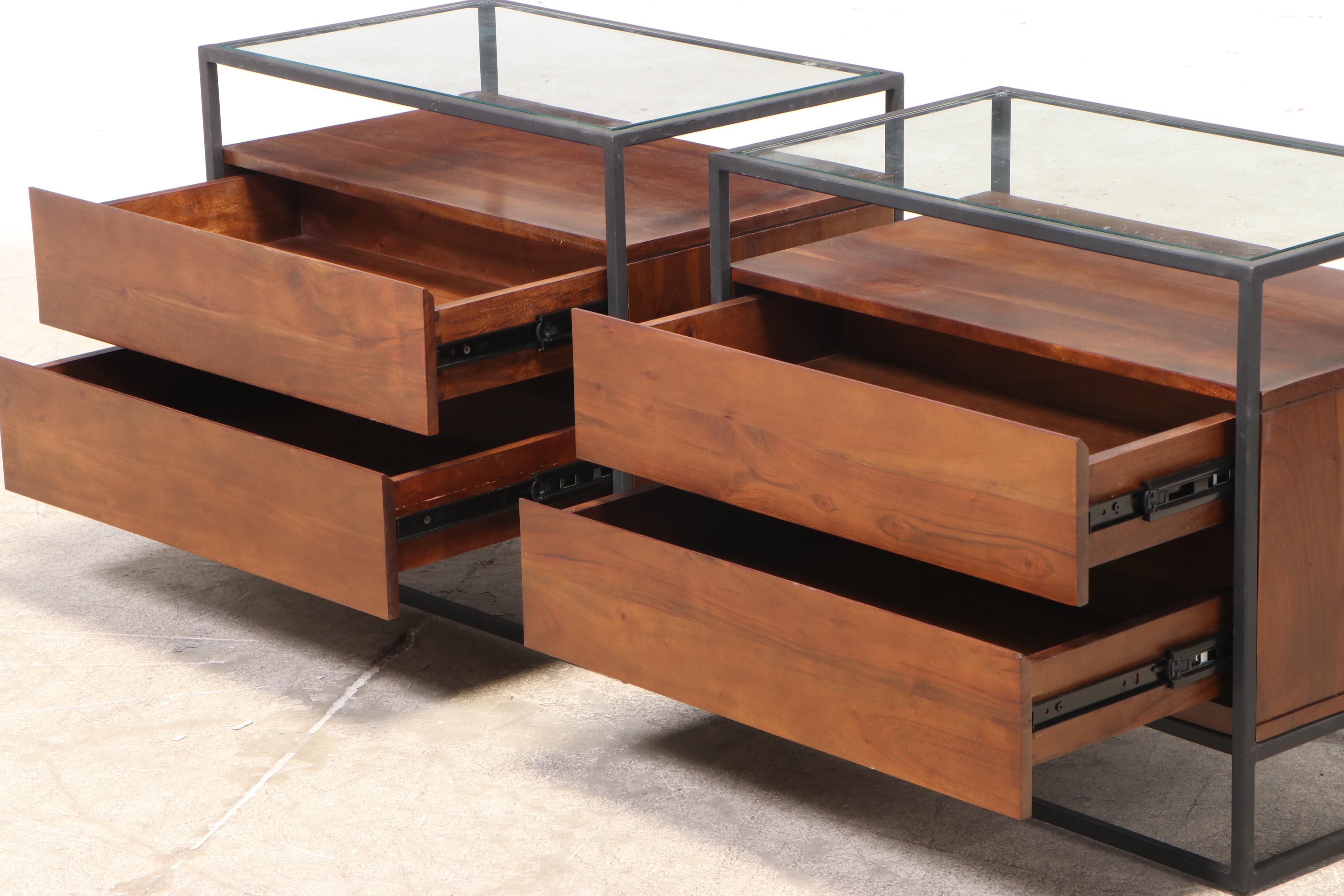 Pair of CB2 Modernist Style Iron, Acacia and Glass Top Nightstands