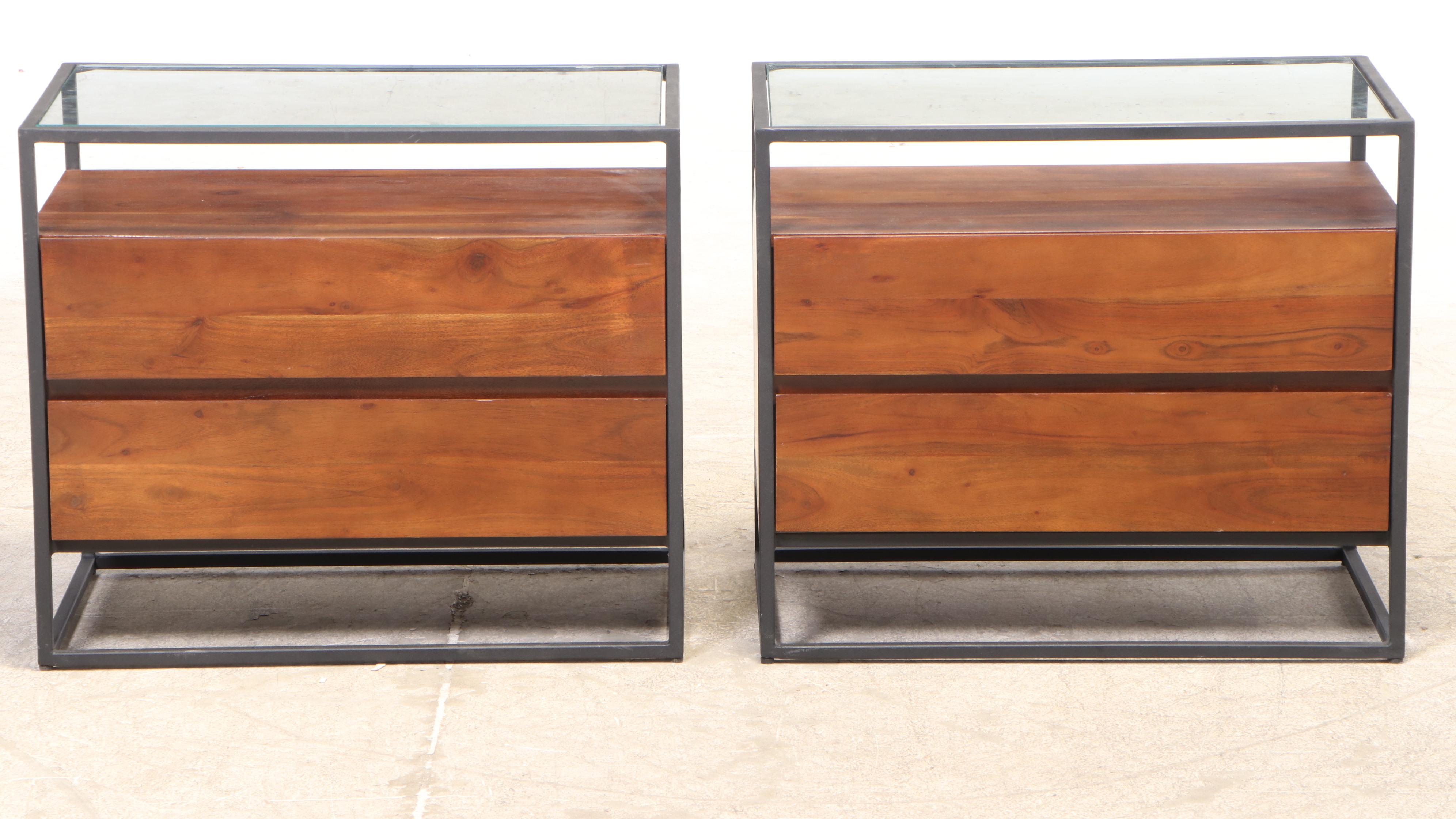 Pair of CB2 Modernist Style Iron, Acacia and Glass Top Nightstands