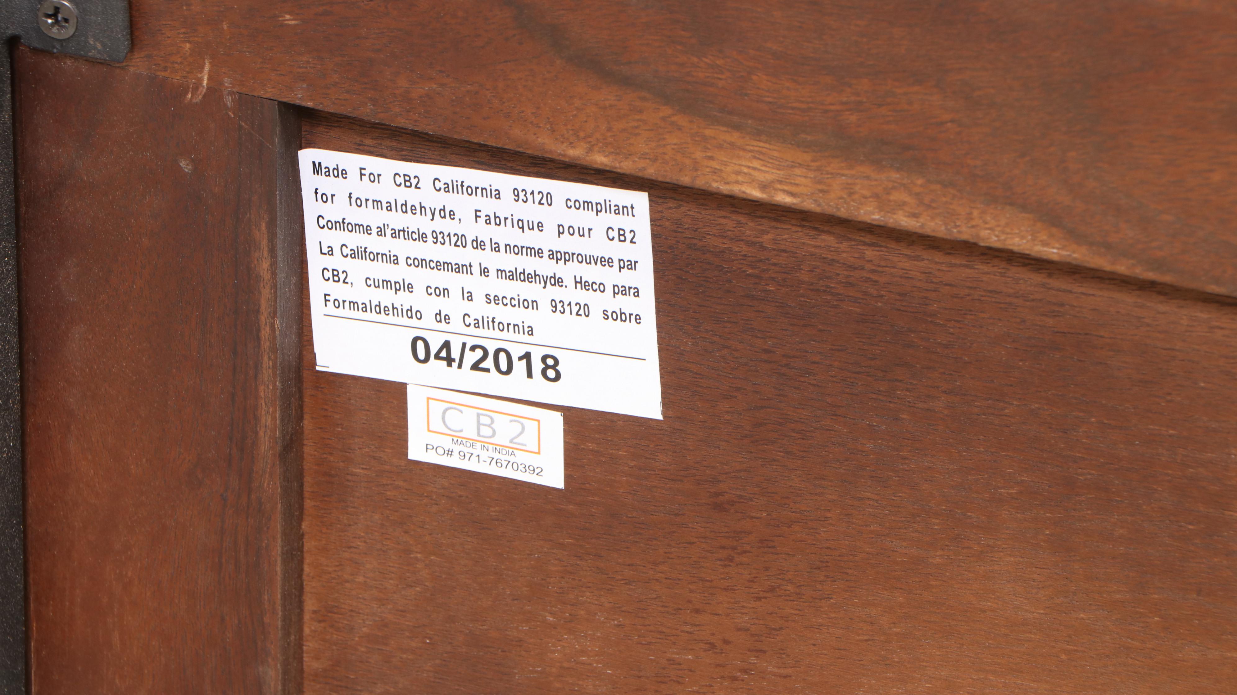 Pair of CB2 Modernist Style Iron, Acacia and Glass Top Nightstands