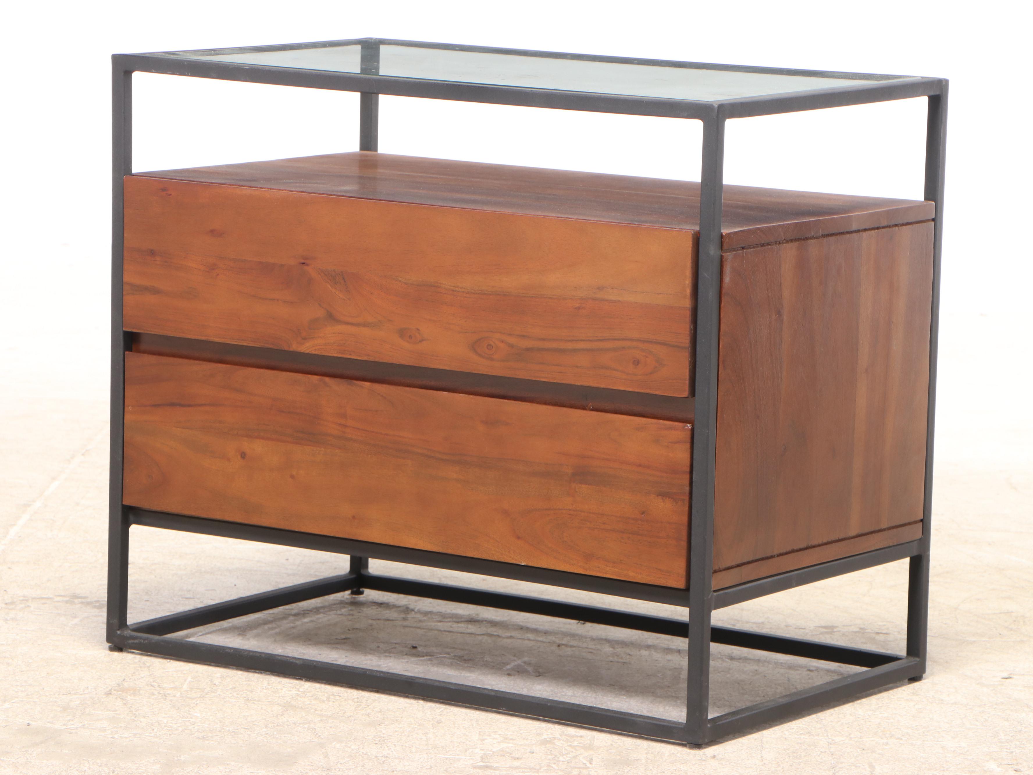 Pair of CB2 Modernist Style Iron, Acacia and Glass Top Nightstands