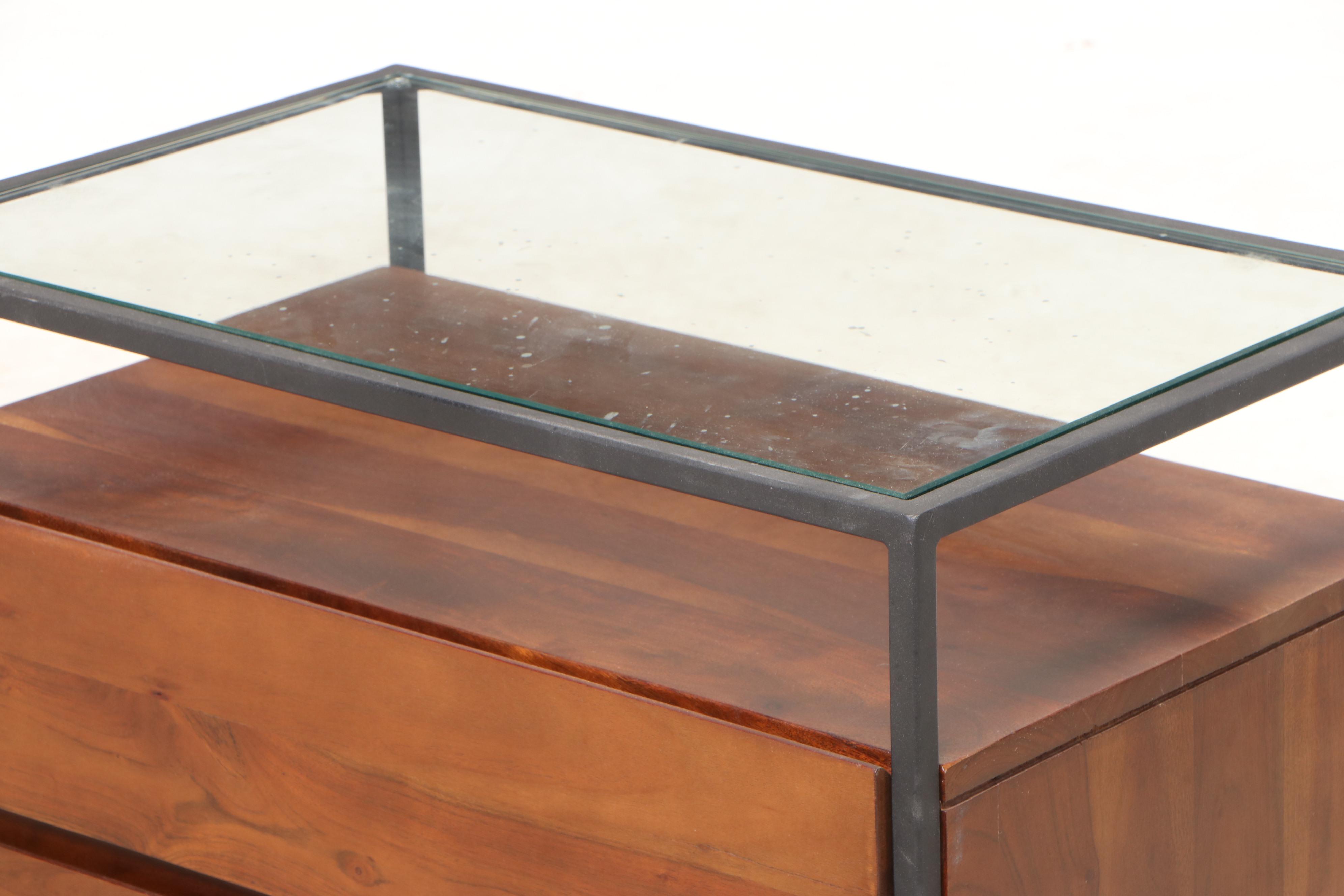 Pair of CB2 Modernist Style Iron, Acacia and Glass Top Nightstands