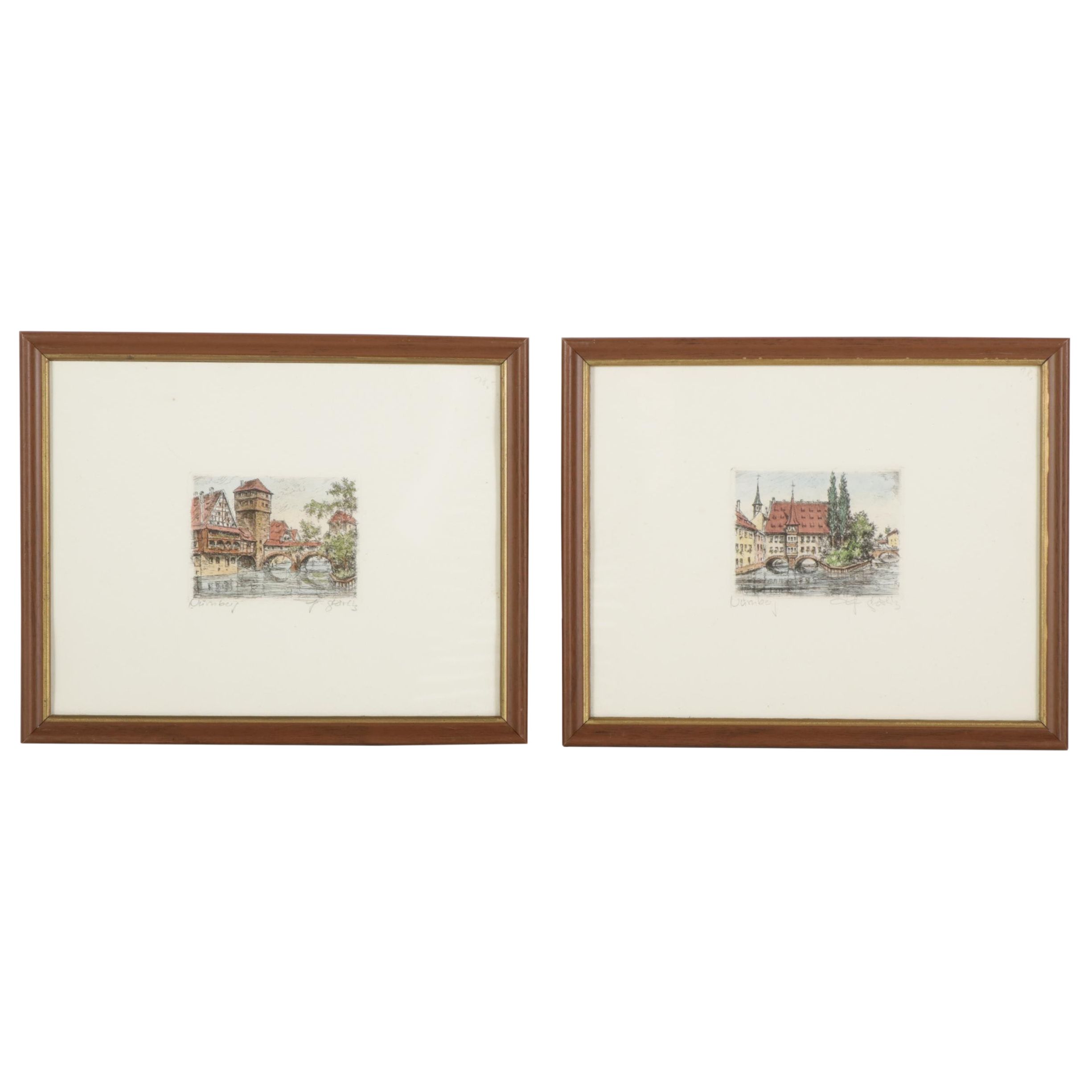 Friedrich Görlitz Hand-Colored Etchings "Nürnberg," Late 20th Century