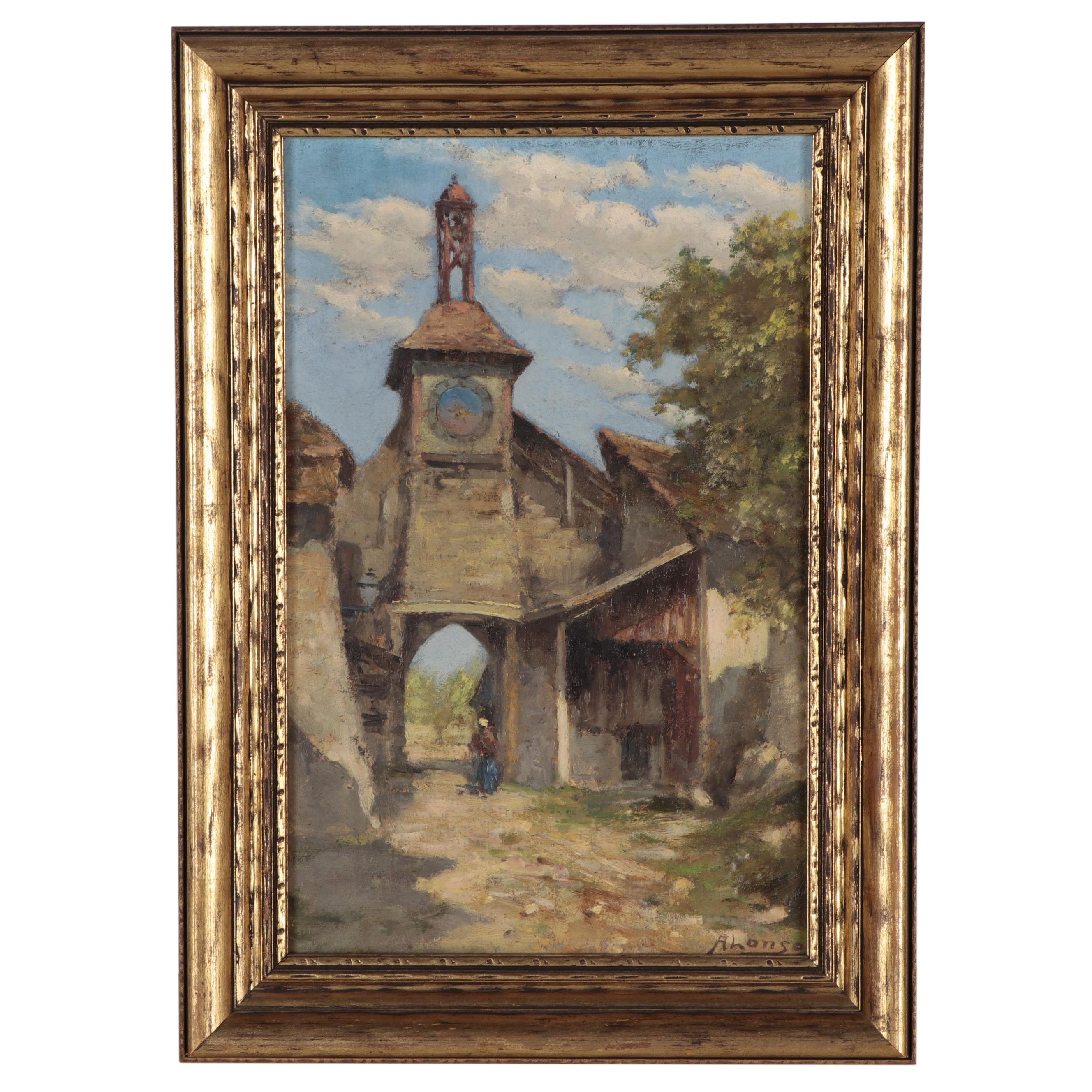 Oil Painting of a Bell Tower, Early to Mid-20th Century