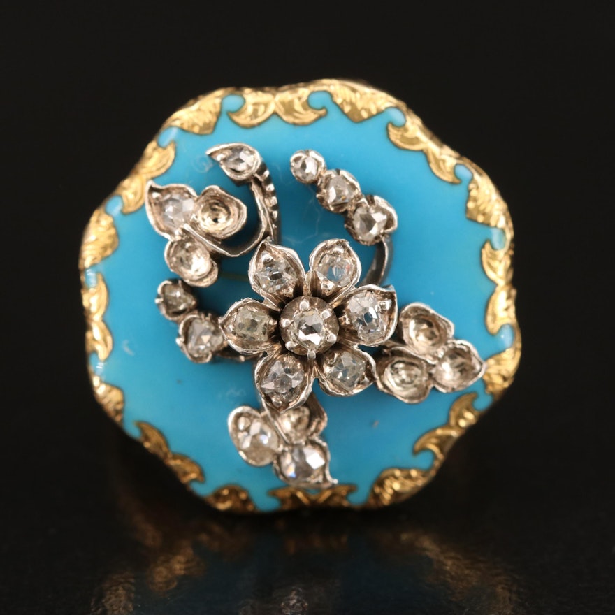 Victorian 14K Diamond and Enamel Giardinetti Ring with Sterling Accent