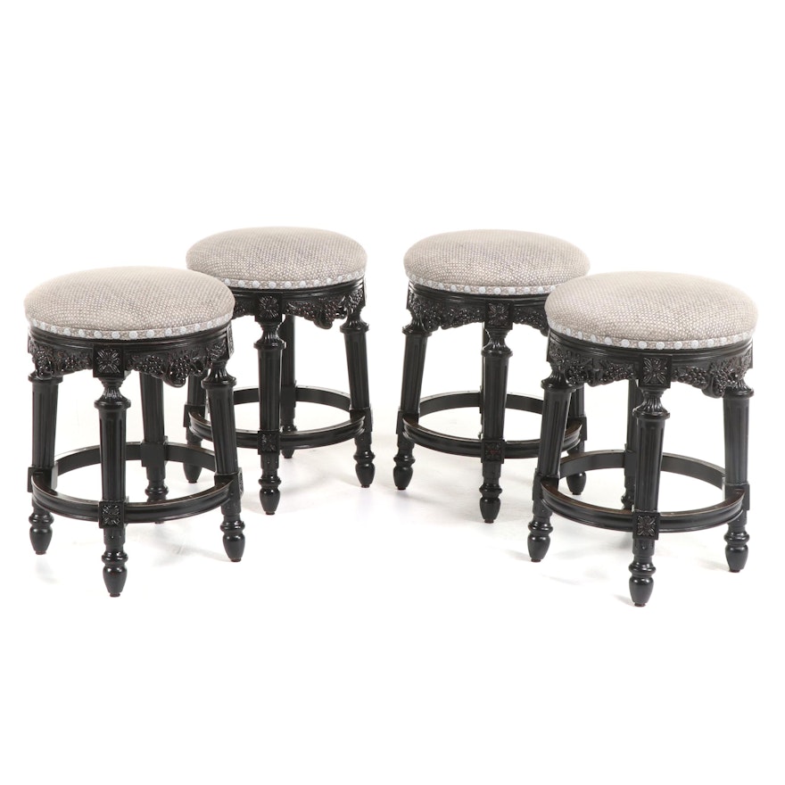 Four Frontgate Louis XVI Style Ebonized Swivel Counter-Height Bar Stools