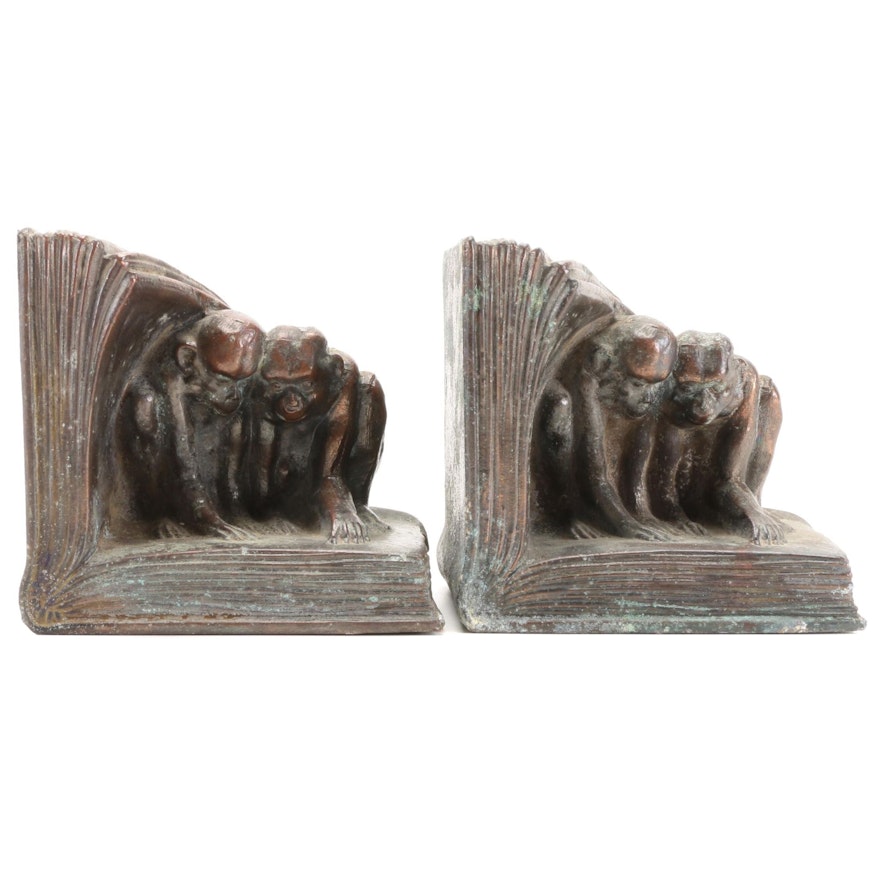 Pair of Copper Clad Metal Monkeys Reading Form Bookends