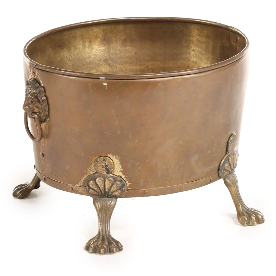 English Brass and Copper-Tacked Log Bucket