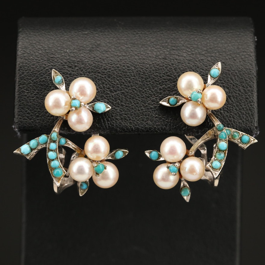 14K Gold Pearl and Turquoise Earrings